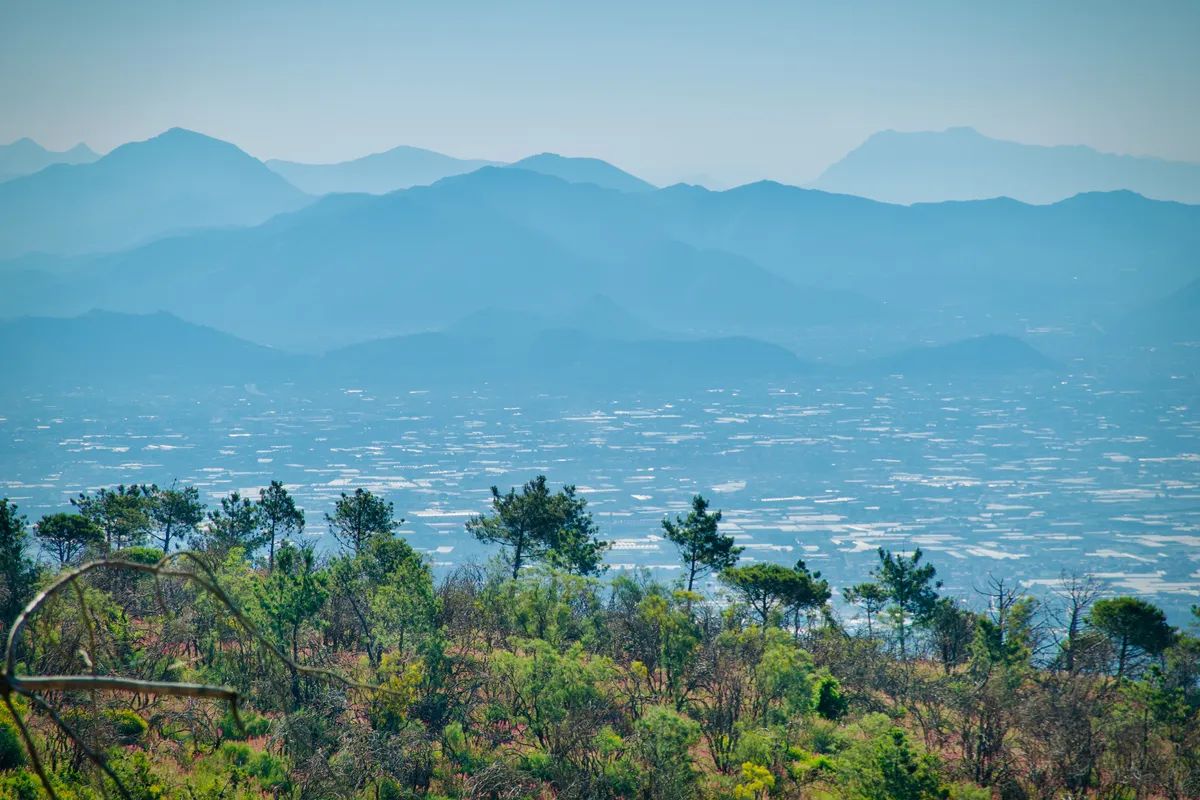 Panoramic view of multiple mountain ranges receding into hazy blue distance, with green forest in foreground and valley settlements below, taken from elevated viewpoint in Italy