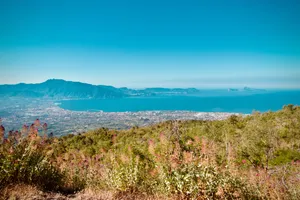 Panoramic view from Mount Vesuvius showing Naples, the Gulf of Naples, and distant Capri island, with Mediterranean vegetation in foreground