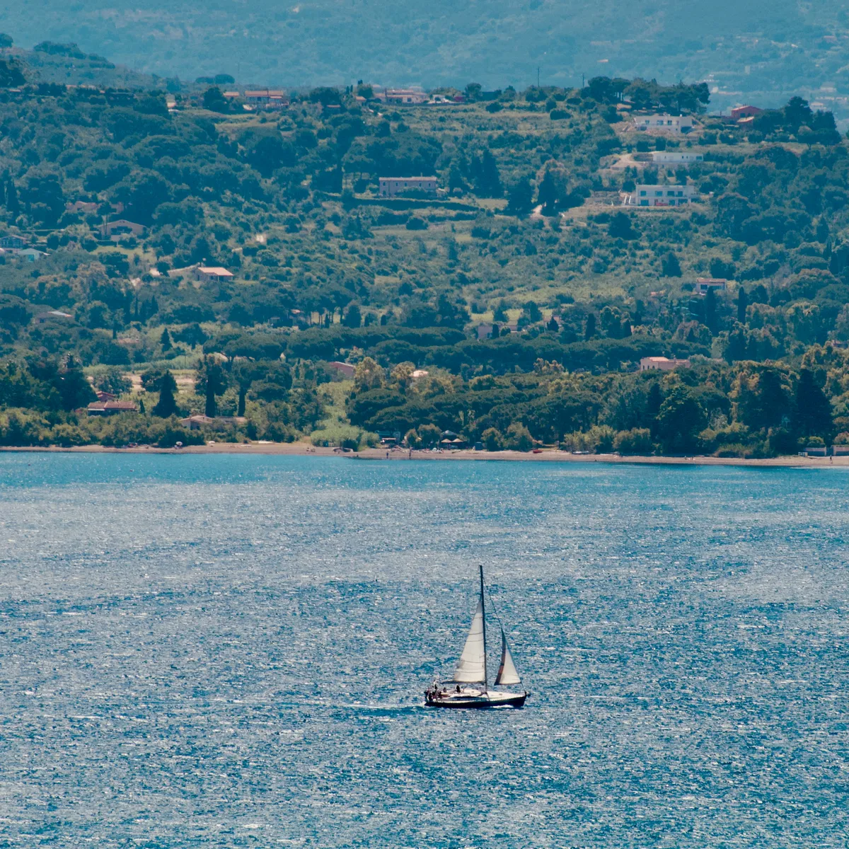 Single white sailboat on blue Mediterranean waters with forested hillside and scattered houses along coastline of Portoferraio, Elba Island, Italy