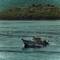 White and blue Greek fishing boat traveling through calm turquoise water with densely forested green hills in background, Poros, Greece