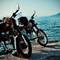 Two Royal Enfield motorcycles parked on coastal road overlooking blue water and mountains in Rio, Greece. One bike has fur accessory on seat.