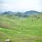 Expansive green rolling hills with scattered trees leading to forested mountains under cloudy sky in Campo Imperatore, Abruzzo, Italy