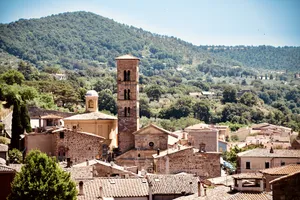 Tall stone bell tower with arched openings rising above clustered medieval buildings in Bolsena, Italy, with forested hills in background