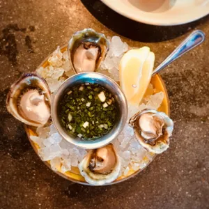 Plate of six fresh oysters on half shell arranged on crushed ice with lemon wedges and green mignonette sauce in metal bowl