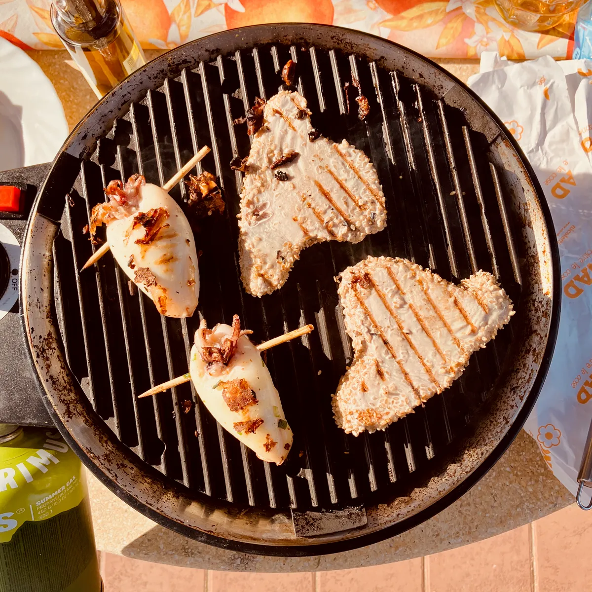 Large fish fillets and bacon-wrapped seafood skewers cooking on ridged cast iron grill pan at Bibbona camping site, Italy