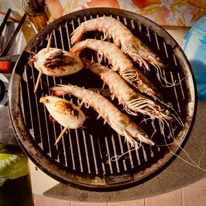 Large langoustines and stuffed calamari cooking on round grill grate at camping site in Bibbona, Italy
