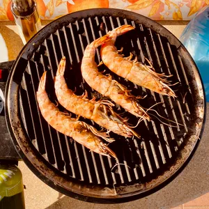 Whole prawns with long antennae cooking on black ridged grill pan at camping site in Bibbona, Italy