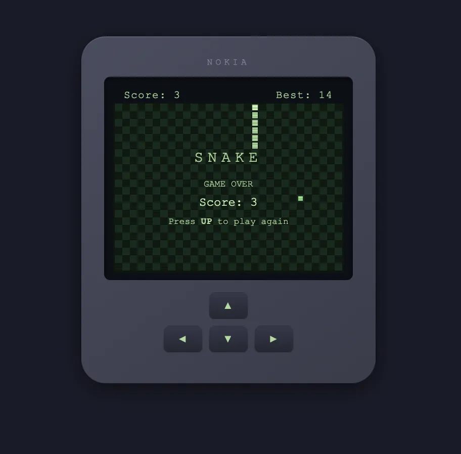 Nokia-style Snake clone rendered in the browser, with a green LCD screen inside a CSS phone body, generated by the local Qwen3.6-27B model on the GX10