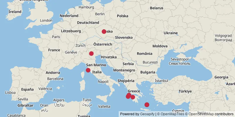 Map showing photo locations in Italy, Greece, and Czechia