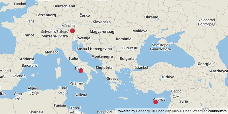 Map showing photo locations in Austria, Cyprus, and Italy