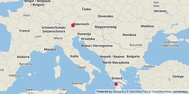 Map showing photo locations in Greece and Austria