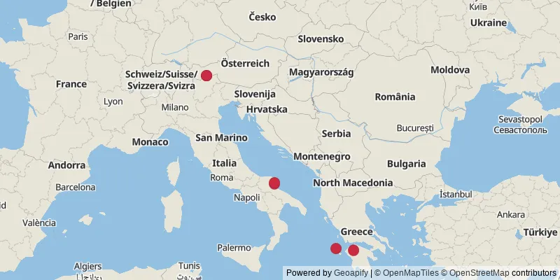 Map showing photo locations in Italy, Austria, and Greece
