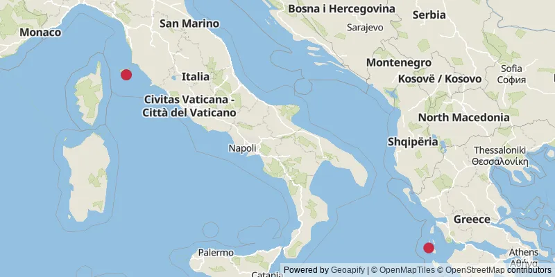 Map showing photo locations in Italy and Greece