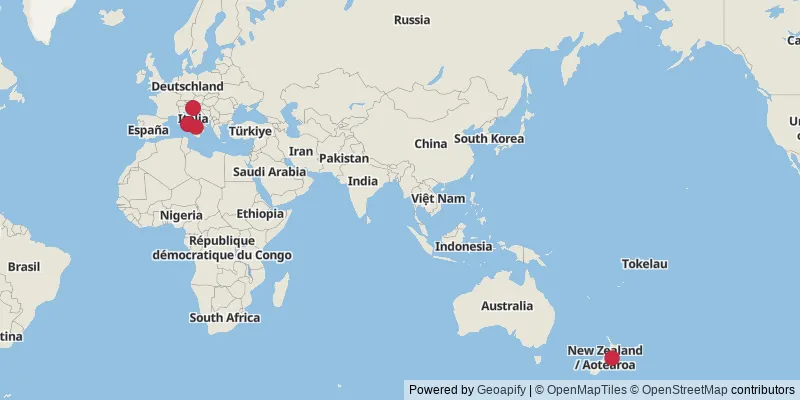 Map showing photo locations in Italy, Austria, and New Zealand