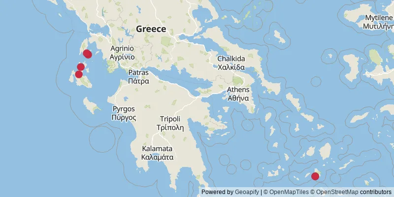 Map showing photo locations in Kefallonia Regional Unit, Lefkada Regional Unit, and Thira Regional Unit
