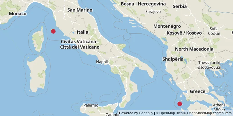Map showing photo locations in Italy and Greece
