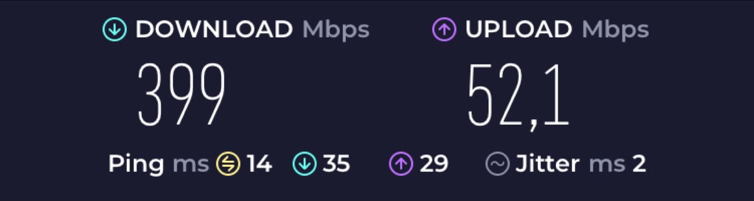 Screenshot of WiFi Speed Test with 399Mbps Download/52,1Mbps Upload Speed.