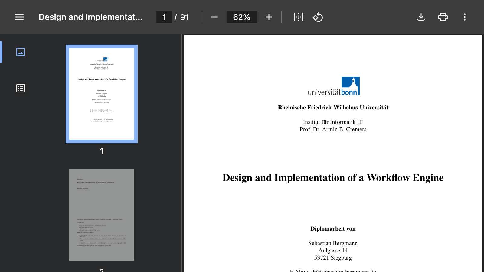 First page of Sebastian Bergmann's diploma thesis on workflow engines showing the title page with the University of Dortmund logo
