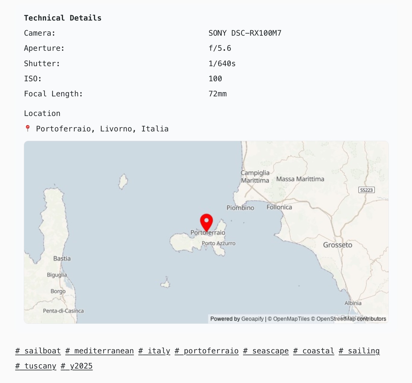 Screenshot of technical details and static map of a photo page generated with AstroJS/Cactus-Theme photo stream feature